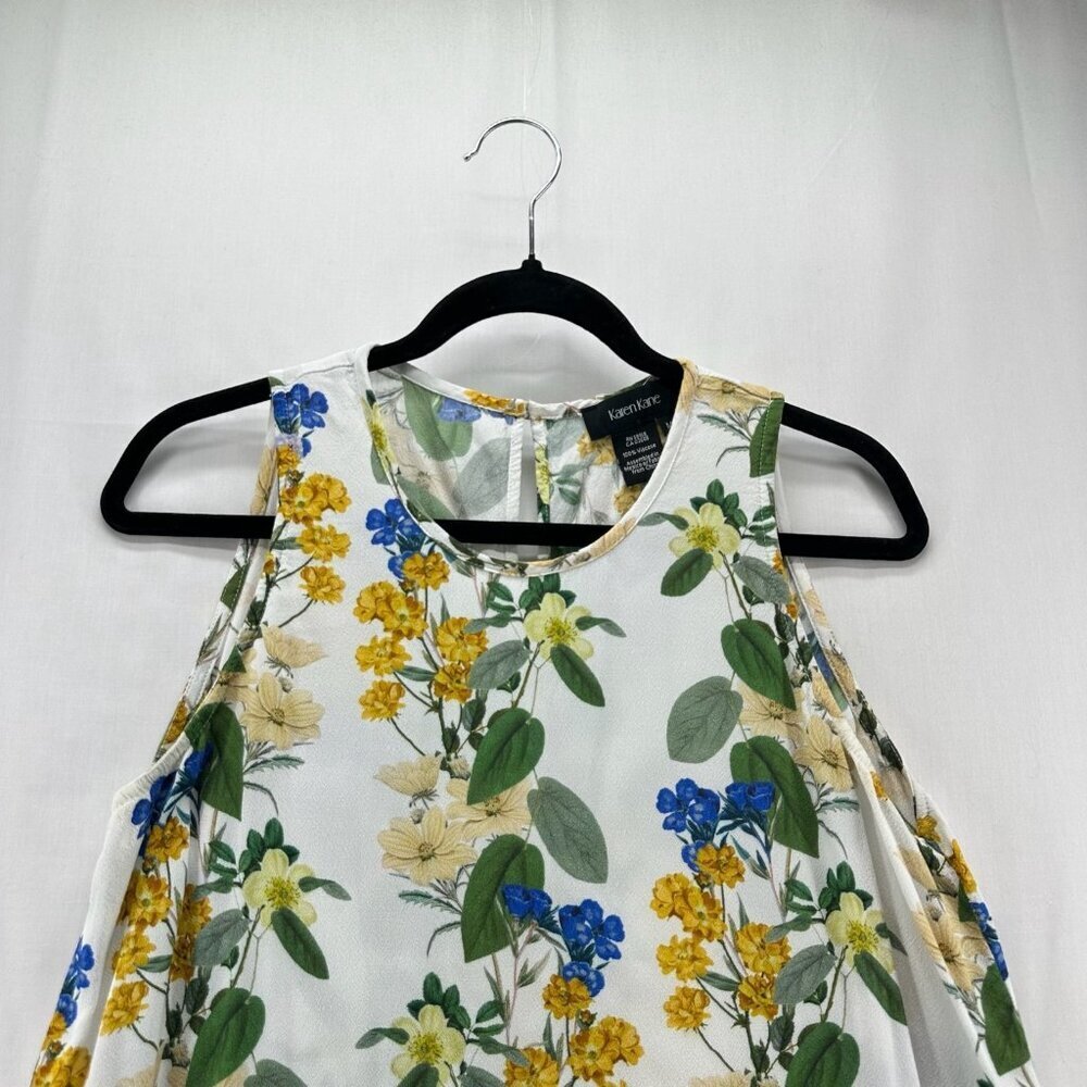 Karen Kane Ruffle Hem Tank Top Women M Round Neck Sleeveless Floral White Yellow - Picture 3 of 10